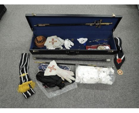 A collection of Masonic Regalia including three full sized Swords, one Cane, five miniature Swords, Western Lancashire Divisi