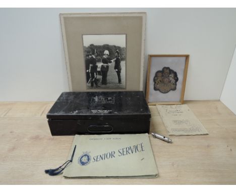 A ARP Storage Tin, Acme Guide Whistle, 13103201 W Edwards Release Book, Kings Own cloth patch in frame, Military Photograph a