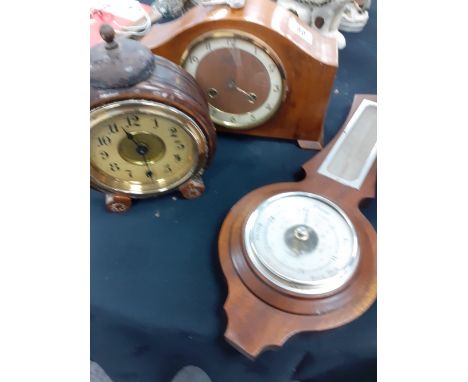 A Victorian wooden cased alarm clock 1950/60 mantle clock and a modern barometer.