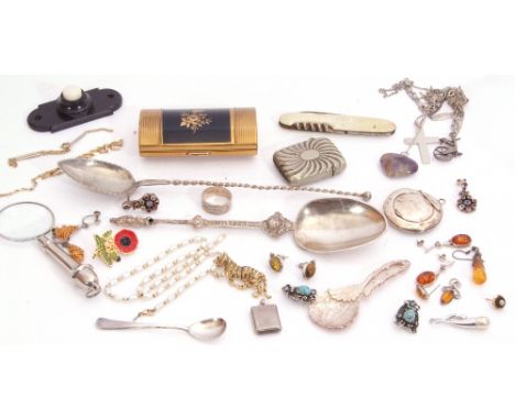 Mixed Lot: Dutch spoon, amber set pendants, plated vesta and spoons, small quantity of costume jewellery etc   