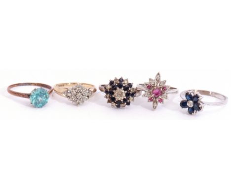 Mixed Lot: five stone set rings, two stamped 9ct to include diamond cluster, two sapphire and diamond cluster rings, ruby and