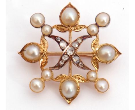 Victorian pearl and diamond brooch of square open work design centring an X-shape, set with graduated old cut diamonds framed