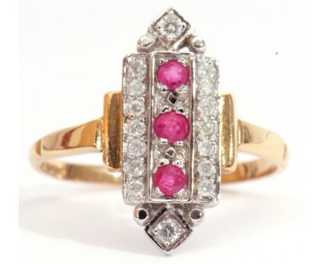 Modern Art Deco style ruby and diamond cluster ring, featuring three round cut rubies surrounded by 16 small single cut diamo