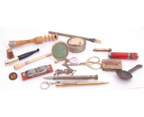 Tray: to include vintage needle case, rolled gold Jeko pencil, two cheroot holders, caddy spoon etc   