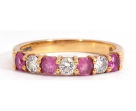 18ct gold ruby and diamond half-hoop ring set with four round pink rubies, interspersed with three brilliant cut diamonds, ru