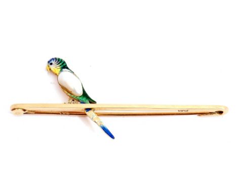 15ct stamped "Budgie" bar brooch with enamel and baroque pearl decoration, 5cm long, 3.1gms g/w (enamel losses)