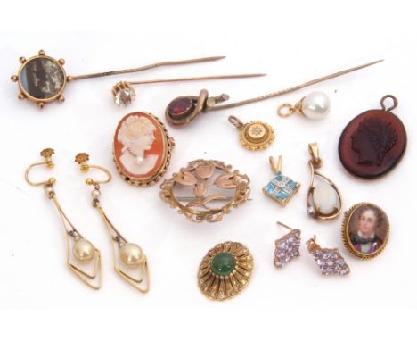 Mixed Lot: 9ct stamped open work floral brooch, antique carved glass cameo pendant, three vintage stick pins, small gold pend