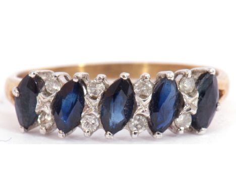 9ct gold sapphire and diamond ring, having 5 off-set lozenge shaped sapphires highlighted between with 2 small diamonds (8), 