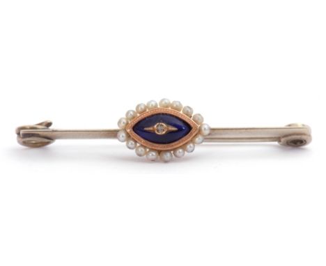 Antique and precious metal pin brooch, the knife edge bar centring a navette shaped blue enamel panel with small cut diamond,