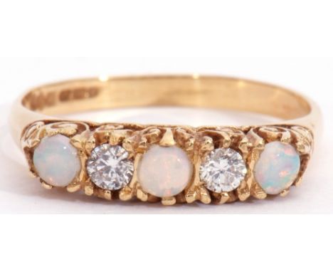 18ct gold opal and diamond five stone ring, alternate set with three round cabochon opals and two brilliant cut diamonds, tot