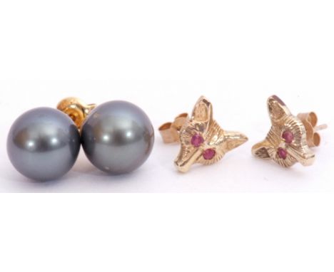 Mixed Lot: pair of Tahitian pearl earrings with post fittings stamped 750, 8mm diam, together with a pair of yellow metal fox
