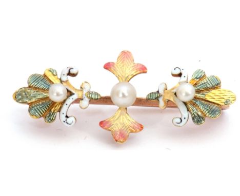 Antique enamel and seed pearl brooch featuring three graduated seed pearls set in translucent enamels, green, white and orang