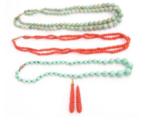Mixed Lot: antique coral bead double row necklace to a yellow metal barrel clasp, a pair of antique carved coral torpedo earr