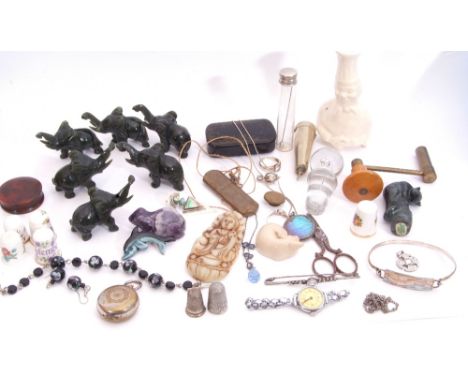Mixed Lot: various green glass model elephants, a quartz frog, snuff box, clock winder, thimbles etc