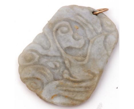 Antique carved jade pendant of shaped rectangular flat form, deep carved with a naturalistic detail, 5 x 4cm