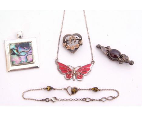 Mixed Lot: Victorian silver heart shaped open work brooch, a lucky horseshoe design, antique silver and garnet set brooch (a/