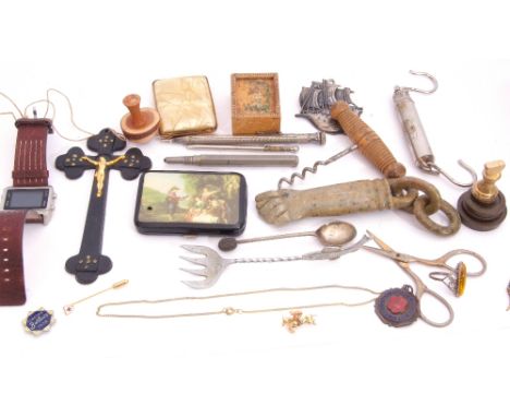 Box of various to include a gent's digital watch, a small balance scale, a soapstone carved arm, ship's brooch, cross etc   