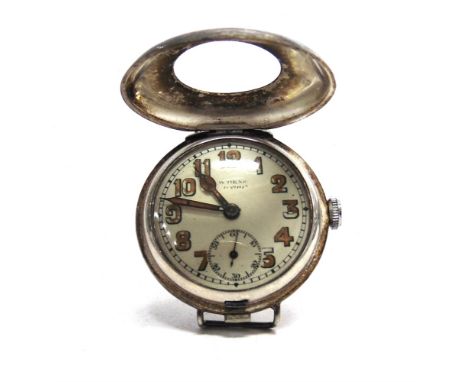 A SILVER HALF HUNTER 'FRENCH' WRISTWATCH London import marks for 1916, the white enamel dial signed ? Bens, London, worn and 