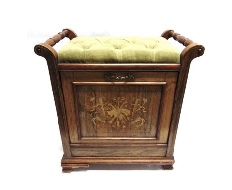 AN EDWARDIAN PIANO STOOL  with button upholstered seat and marquetry decoration to the fall front, on ogee bracket feet, 54cm