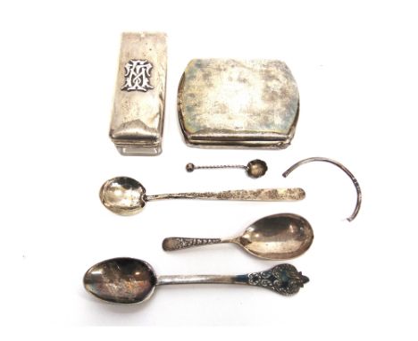 A SILVER CIGARETTE CASE with import marks, cabochon thumbpiece; two silver spoons; a silver caddy spoon; a silver salt spoon;