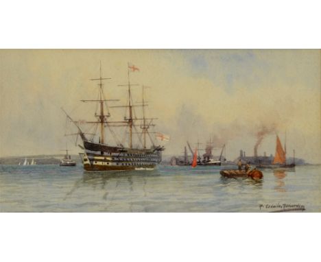 R. ESDAILE RICHARDSON (BRITISH, 1897-?)  H.M.S. Victory Afloat in Portsmouth Harbour,  watercolour, signed lower right, 15cm 