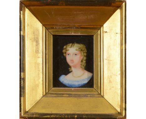 BRITISH SCHOOL (19TH CENTURY)  Georgina Gossip, a portrait miniature,  oil, possibly on milk glass, unsigned, inscribed to la