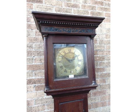 A MAHOGANY CASED 30-HOUR LONGCASE CLOCK  the 10' brass dial decorated to centre with a scene of animals and a figure on horse
