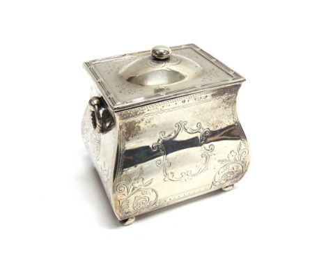 AN EDWARDIAN SILVER TEA CADDY by Deakin & Francis, Birmingham 1906, of rectangular baluster form on bun feet, ring handles, h