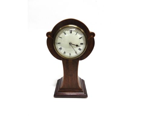 AN EDWARDIAN MAHOGANY BALLON CASED MANTLE CLOCK  with inlaid decoration, 26cm high