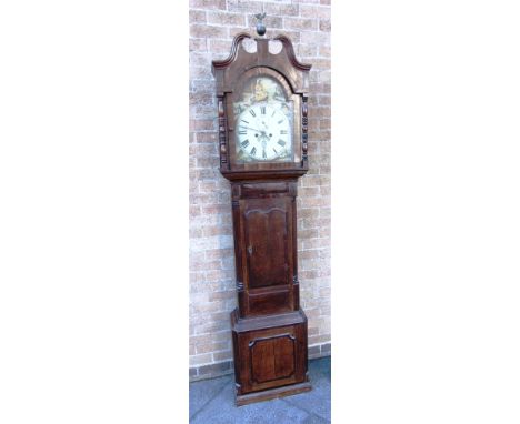A GEORGE III 8-DAY LONGCASE CLOCK  the enamel convex dial with subsidiary seconds dial and date aperture, painted decoration 
