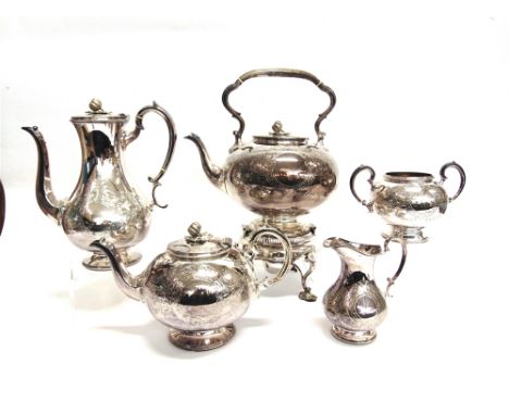 A VICTORIAN ELECTROPLATED TEA AND COFFEE SERVICE with kettle on stand with burner
