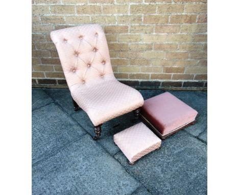 A VICTORIAN RE-UPHOLSTERED SIDE CHAIR  on turned front supports with ceramic casters, 44cm wide; together with two small foot