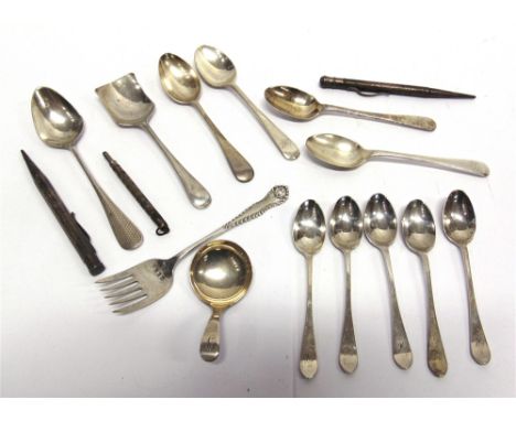 A SILVER CADDY SPOON  by Thomas Bradbury & Son, Sheffield 1917; with five silver coffee spoons; four silver teaspoons; a suga