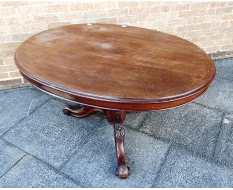 A VICTORIAN MAHOGANY TILT TOP BREAKFAST TABLE the oval top 132cm x 103cm, on tripod base with carved decoration