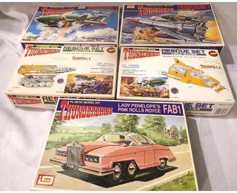 Five Imai Thunderbirds plastic kits; FAB 1, Thunderbird 1, Thunderbird 2 and Thunderbird 4 and the Mole, all appear new and b