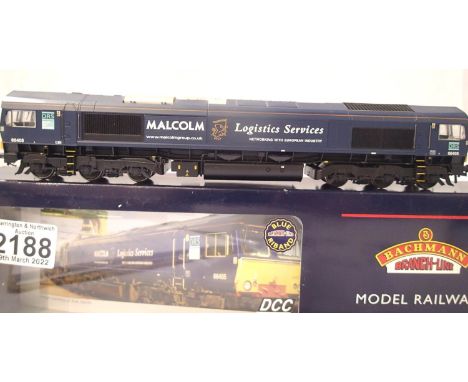 Bachmann 32-729, class 66 diesel, 66405 blue, Malcolm Logistics Services, excellent - near mint condition, missing detail pac