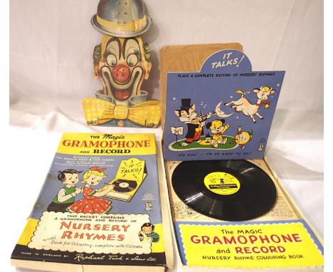 Vintage Raphael Tuck and Sons - Magic gramophone and record working, in fair to good condition and Mettoy clown, hit nose and