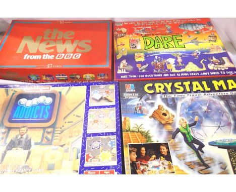 Four board games; Telly Addicts, The News, Crystal Maze and Dare. Appear complete, excellent condition, contents unchecked. P