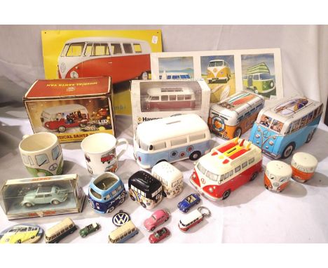 Selection of VW car memorabilia to include salt and pepper cars, some boxed and posters. P&amp;P Group 3 (£25+VAT for the fir