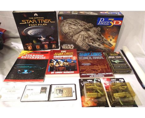 Selection of Star Trek related books, Trivial Pursuit, 3D puzzle, card model, limited edition gold stamp in presentation pack