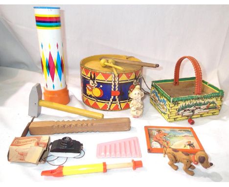 Selection of vintage toys including Selcol Melody Maker basket, wind up plays Jingle Bells, Chad Valley Kaleidoscope, drum, e