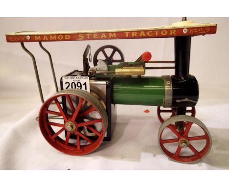Mamod TE1A with spirit burner, missing rear scuttle and drive belt, in fair condition, some paint loss and corrosion, unboxed