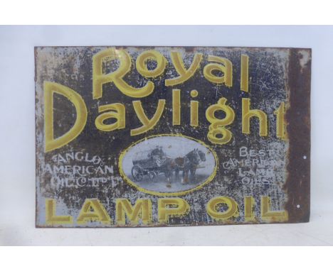 A Royal Daylight Lamp Oil part pictorial double sided enamel sign with flattened hanging flange, 22 1/2 x 14 1/2". 