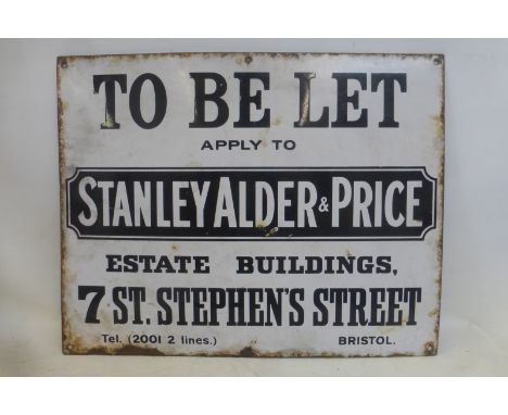 A Stanley Alder & Price 'To Be Let' estate agent enamel sign, 22 1/4 x 17 1/2".