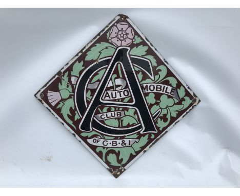 A rare Automobile Club of Great Britain and Ireland lozenge shaped enamel sign with good gloss to one side, 28 x 27 3/4".