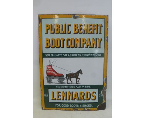 A Lennards Public Benefit Boot Company pictorial enamel sign with excellent gloss, 13 1/2 x 19 1/2".
