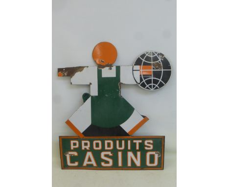 A French Art Deco die-cut enamel sign advertising 'Produits Casino', 25 x 29".