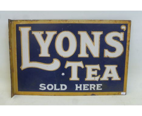 A Lyons' Tea Sold Here double sided enamel sign with hanging flange, 18 x 12".