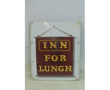An unusual 'Inn for Lunch' enamel pub sign, 20 1/2 x 25 1/4".