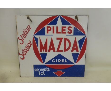 A French double sided enamel sign with integral bracket advertising 'Piles Mazda Station Service', 17 3/4 x 16 3/4".